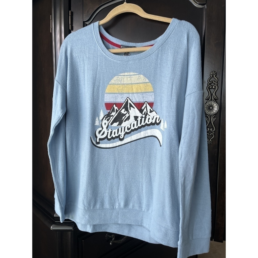 P.J. Salvage "Staycation" Graphic Blue Sweatshirt, Size Large